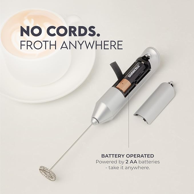 Zulay Kitchen Powerful Milk Frother AA Batteries Included – Ultra Fast Handheld Drink Mixer with Stainless Steel Whisk Stirrer for Coffee, Protein, Matcha & More, Frother Wand Electric Frothmate