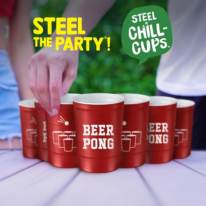 Steel Chill Cups 16 oz. Durable & Reusable Party Cups, Beer Pong, 12 Count | Made in USA from Steel these durable cups chill fast & keep your drink cold for longer, 100% recyclable for sustainablity