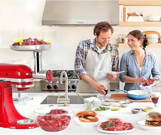 Stainless Steel Meat Grinder Attachment for KitchenAid Stand Mixer | Food Grade, Heavy Duty, No Clog, Dishwasher Safe, Sausage Stuffer & Burger Maker