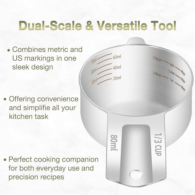 1PCS 1/3Cup (80ml, 2.6oz) Single Measuring Cup, Etched Inner Scale Stainless Steel Measure Scoop, Metric and US Measurement, Dishwasher Safe