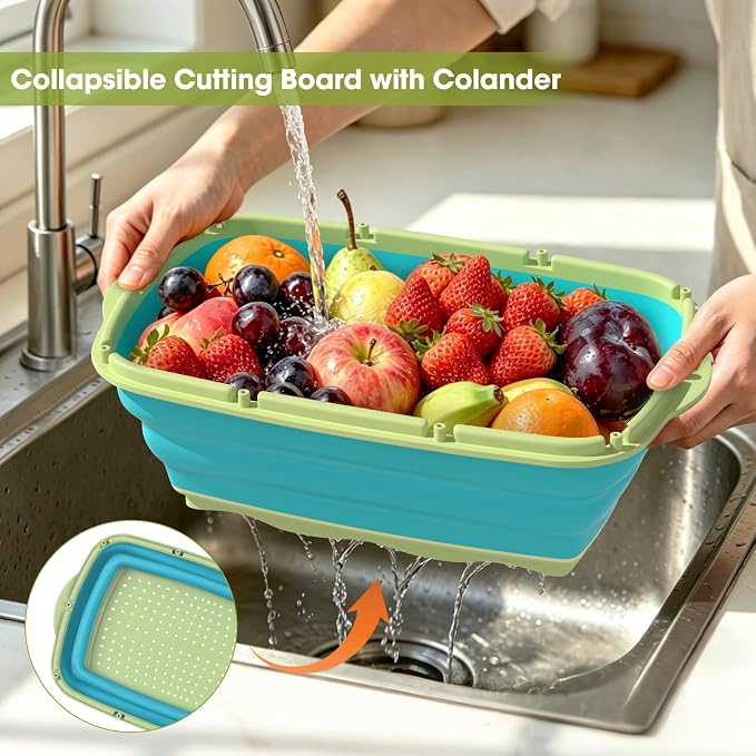 Gintan Camping Cutting Board, 9-in-1 Collapsible Chopping Board with Colander, Kitchen Vegetable Washing Basket for Camping, Camping Gifts Camping essentials for RV Campers (Blue Green)