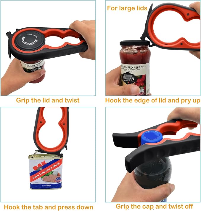 6 in 1 Jar Opener for Weak Hands, Bottle Opener for Seniors with Arthritis | Multi-use Lid Opener Set, Includes Non-slip Rubber Gripper Pad & Wine Opener, Comfortable Grip, Simple Twist-off Operation