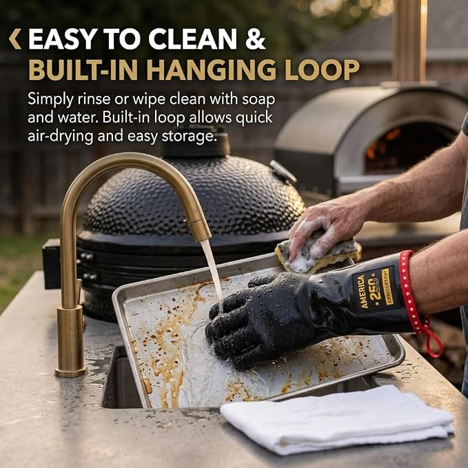PRO BBQ Gloves, Black Neoprene, 14-Inch, Heat Resistant up to 932°F, Waterproof with Cotton Lining, America 250th Anniversary Edition, Includes Storage Bag (Close Fit-14INCH-932℉-PRO)