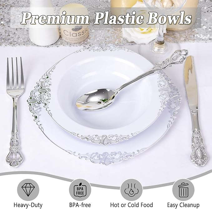 100PCS Silver Plastic Bowls - 12 oz Silver Disposable Salad Bowls - Heavy Duty Disposable Soup Bowl - Fancy Plastic Ice Cream Bowl for Weddings Parties Dinners Picnics