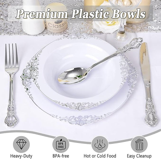 100PCS Silver Plastic Bowls - 12 oz Silver Disposable Salad Bowls - Heavy Duty Disposable Soup Bowl - Fancy Plastic Ice Cream Bowl for Weddings Parties Dinners Picnics