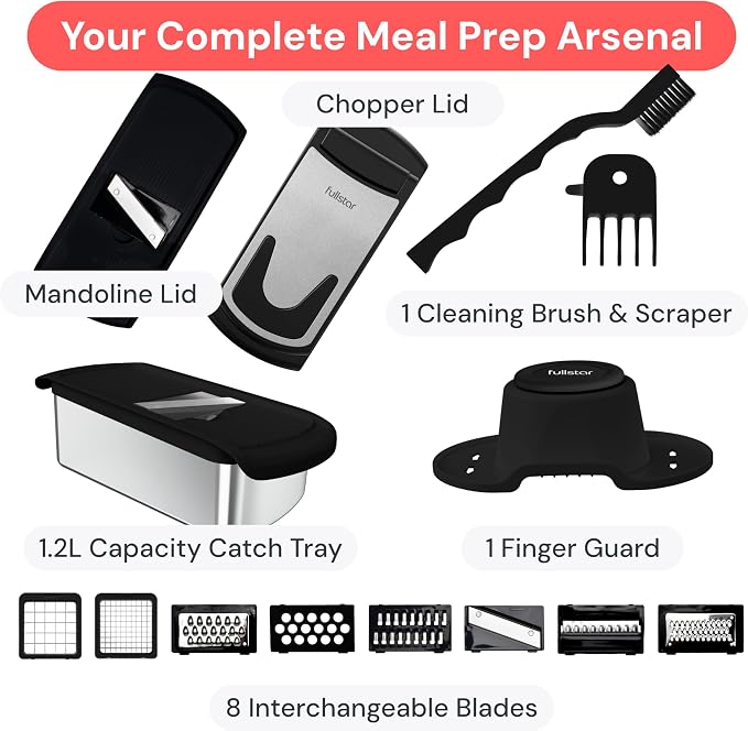 Fullstar Pro Original Vegetable Chopper & Mandoline Slicer Kitchen Gadget | 8 in 1 Veggie Slicer, Onion & Fruit Cutter with Sharp Stainless Steel Blades & Container (Stainless Steel)