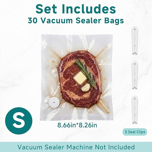Mehomeli Reusable Vacuum Sealer Bags for Food – 30 BPA-Free Small (8.66in × 8.26in) Food Storage Bags, Freezer Microwave Safe, Odor-Resistant, Leak-Proof – Compatible with Handheld Vacuum Sealers