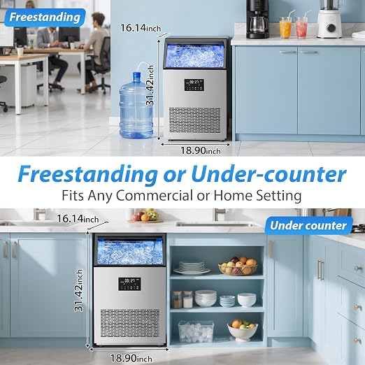 Commercial Ice Maker Machine, 150lbs/24H Stainless Steel Under Counter ice Machine with 55 Ice Cubes, Self-Priming Gallon Water& Facuet Water Inlet, Self Clean,45LB Storage Bin for Bar, Garage, Home