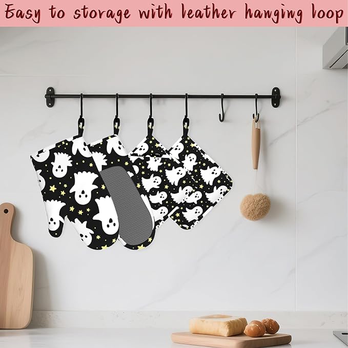 Halloween Ghosts Heat-Resistant Silicone Oven Mitts and Pot Holders,Long Oven Gloves with Non-Slip Grip for Cooking, Baking, Grilling,BBQ
