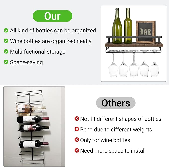Mkono Wall Mounted Wine Rack Set of 2 Wood Rustic Wine Bottle Glass Floating Shelves with Stemware Hanger Modern Plants Photos Wine Display Storage Holder for Kitchen Dining Room Bar, 17 Inch | Space Saving, Stem Hanger, Floating Design, Store Wine Bot...