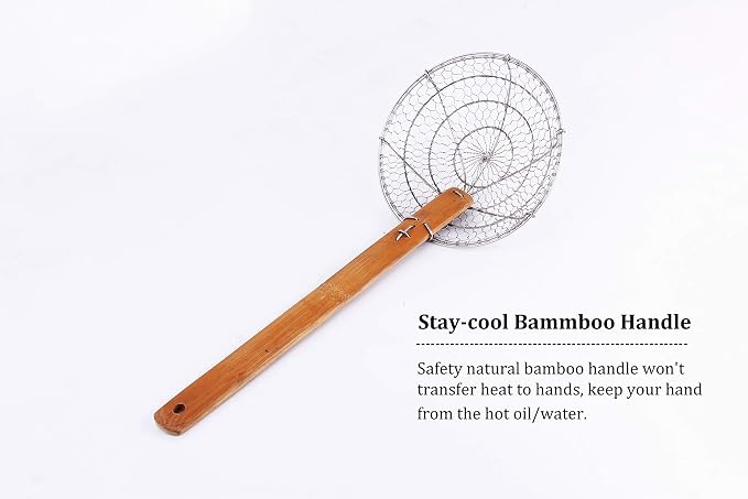 Stainless Steel Spider Strainer Asian Kitchen Wire Food Cooking Skimmer With Natural Bamboo Handle, 7-Inch, Hand-Made