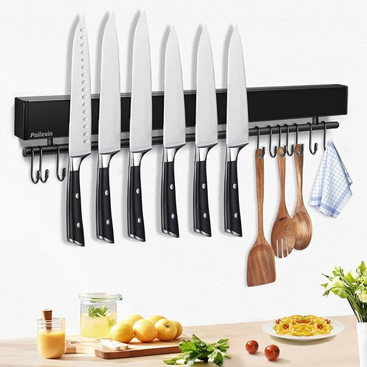 20 inch magnetic knife holder with 10 hooks, No Drilling black knife magnetic strip and utensil hanger for wall, Powerful knife magnet rack include tape and screws