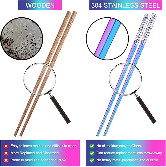 DIKOCO Premium Metal Chopsticks 5 Pairs Multicolor Chop Sticks Reusable Dishwasher Safe Square Korean Chopsticks Lightweight Non-Slip Reusable Stainless Steel ChopSticks Present Set