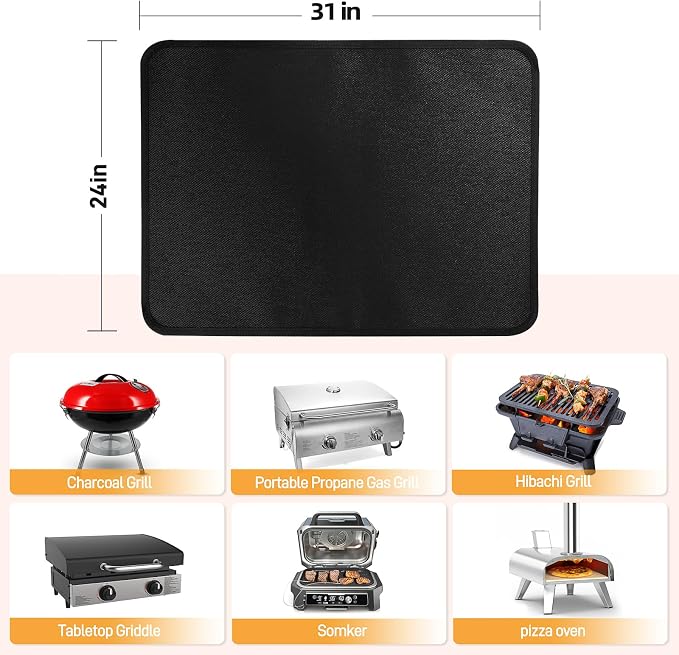 Heat Resistant Mats for Countertop fits Tabletop Grill, 31x24x0.02in, Black | 1022℉ Fireproof grill mat for countertop/table protection, fits gas/charcoal grills, pizza ovens, fits Blackstone & Ninja