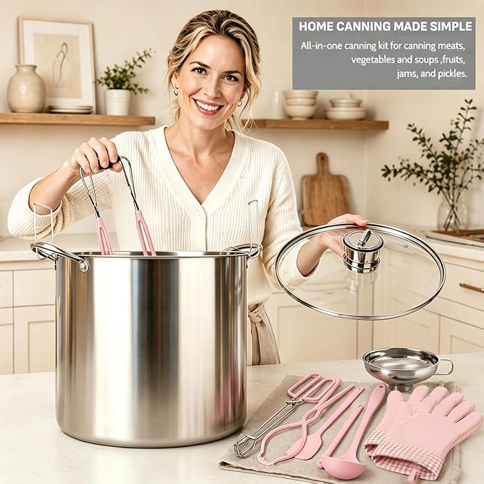 Canning Pot-Canning supplies starter kit, Stainless Steel Canning Tool Kits Set for Beginners, Water bath canner with rack for canning(Pink)