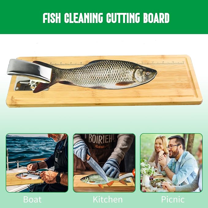 Fish Cleaning Board Kit, Fish Fillet Cutting Board Set with Clamp | 18" Bamboo Fish Cleaning Tools with Fillet Knife, Sharpener,Gloves,Anti-slip Fishing Measuring Board,Fisherman Gifts for Men