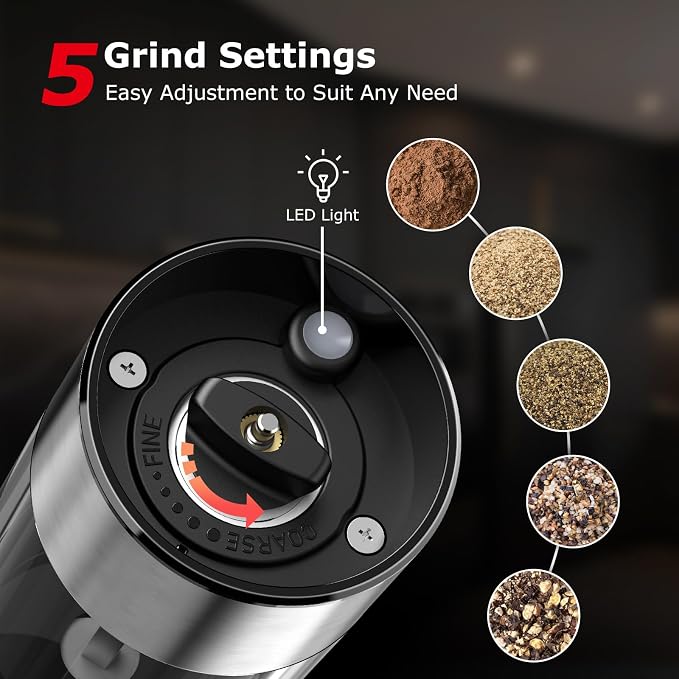 Bonsenkitchen Electric Salt and Pepper Grinder Set, USB-C Rechargeable Stainless Steel Adjustable Coarseness Pepper Mill with LED Light, 95ml Large Capacity, Clean Brush for Kitchen, BBQ & Camping