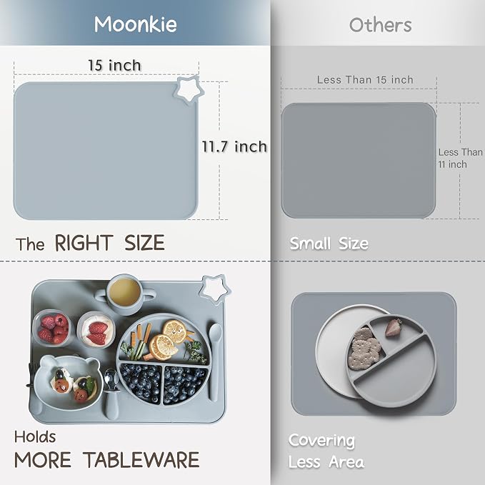 Moonkie Silicone Placemat for Babies: Toddler Table Mats for Self-Feeding | BPA-Free Non-Slip Stain-Proof Reusable Heat-Resistant Dishwasher Safe for Restaurant & Travel 2 Packs