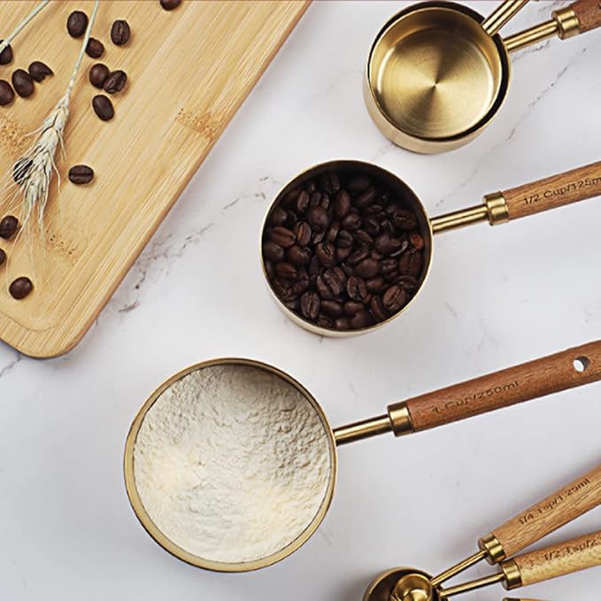 4pcs Stainless Steel Measuring Cups Wooden Handle, 4 Sizes, Gold | Measuring Cup and Spoon Set, Measuring Scoops, For Measuring Dry and Wet Ingredients, 250ml, 125ml, 80ml, 60ml