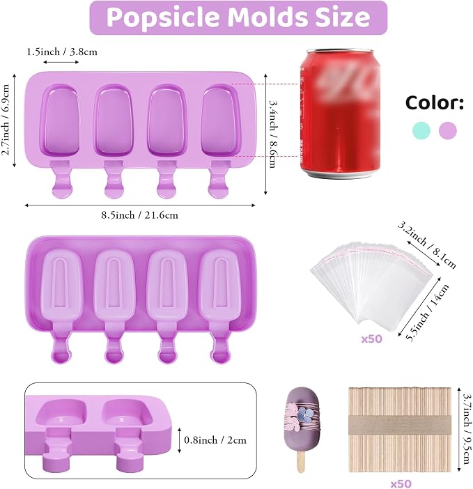 Ouddy Life Popsicle Molds Set of 2, Ice Pop Molds Silicone 4 Cavities Ice Cream Oval Cake Pop Mold with 50 Wooden Sticks for DIY Popsicle, Purple Green