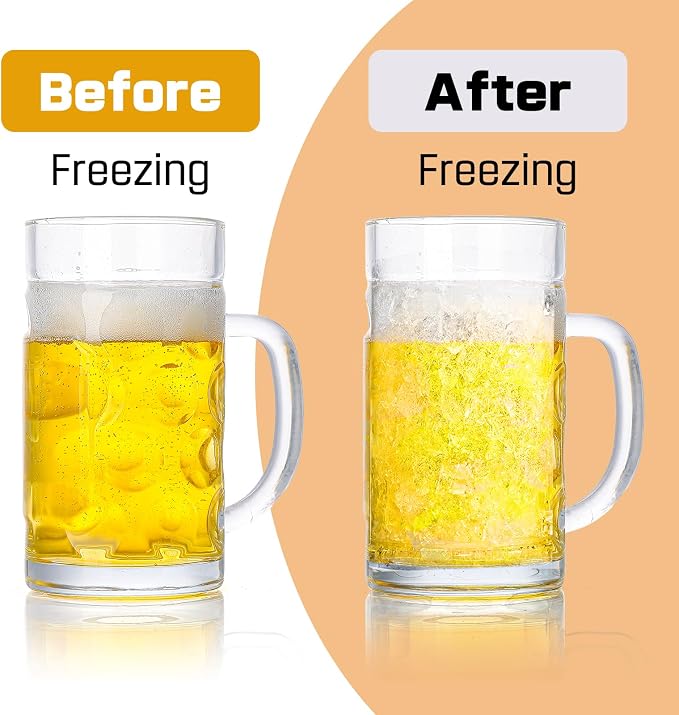 Freezer Beer Mugs, 20 oz Large Heavy Glass Mugs with Handles Set of 2, Clear Large Beer Steins for Tea, Coffee Glasses Oktoberfest Style for Dad Husband or Friend