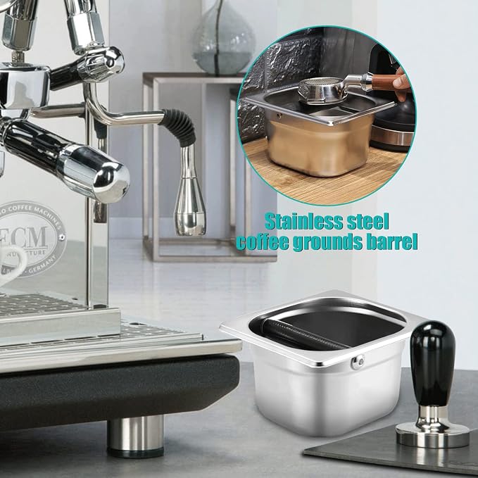 Stainless Steel Espresso Knock Box with Rubber Bar for Storing Underneath Most Espresso Machines
