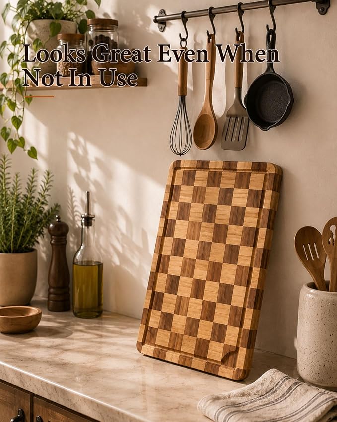 Bamboo Cutting Board 18" x 12", Heavy Duty End Grain Butcher Block for Kitchen, Wooden Chopping Board with Deep Juice Grooves and Handles for Cheese, Charcuterie, Meat, Serving and Gifting