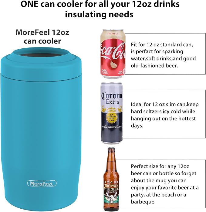 Morefeel 4-in-1 Insulated Can Cooler for 12 oz Cans & Bottles | 304 Stainless Steel Can Holder Fits 12 Oz Slim Cans, Standard Cans, Beer Bottles & Works as A Open Cup; Dishwasher Safe