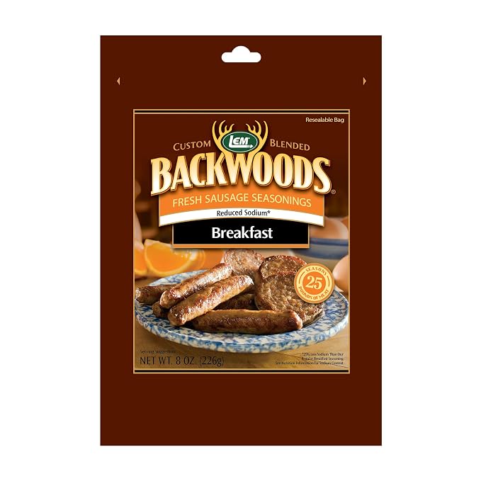 LEM Products Backwoods Reduced Sodium Breakfast Sausage Seasoning, 8 oz | Pre-Measured Seasoning for Wild Game and Domestic Meat, Seasons Up to 25 Pounds of Meat for Homemade Patties and Sausages