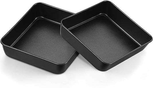 E-far 8 Inch Square Cake Pan Set of 2, Nonstick 8x8 Baking Pan with Stainless Steel Core, Black Metal Bakeware for Brownies Lasagna Cakes, Non-toxic & Easy Clean, 2 Inch Deep