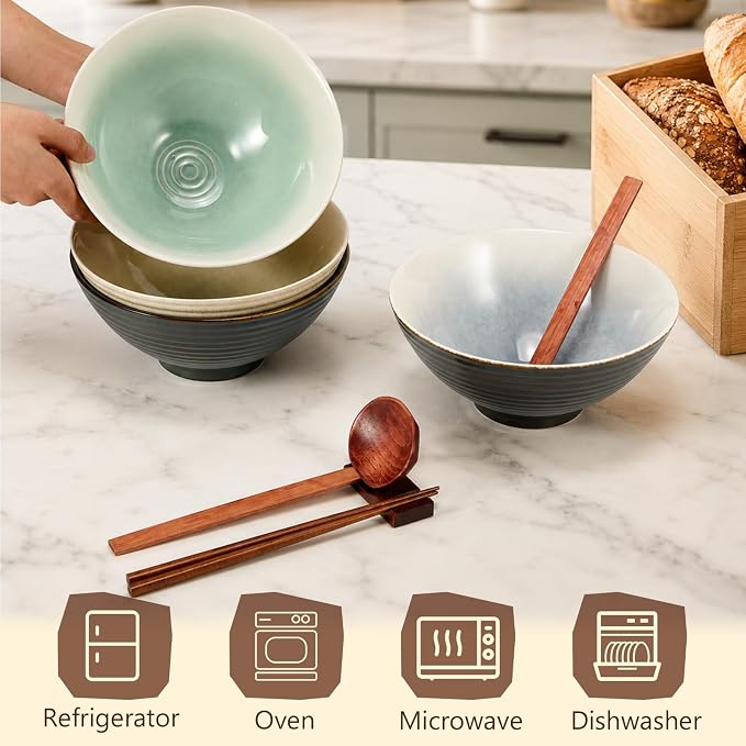 Geiserailie 40oz Ceramic Japanese Ramen Bowls Set of 4, 8 Inch Deep Asian Pho Udon Soup Noodle Bowls with Chopsticks, Spoons & Chopstick Rest -Microwave & Dishwasher Safe(Nordic Minimal)