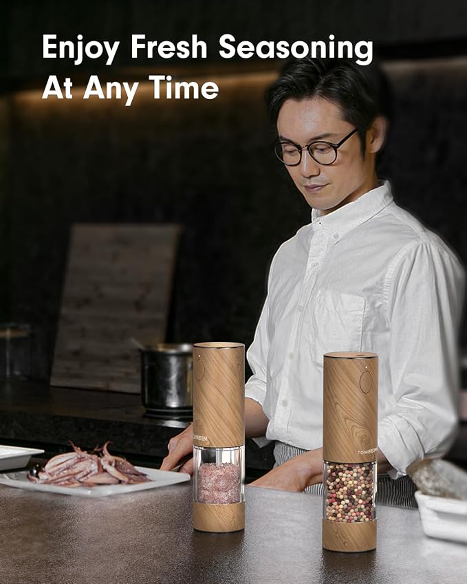 TOMEEM Upgraded Larger Capacity Electric Salt and Pepper Grinder Set Rechargeable with LED lights, Stainless Steel Automatic Pepper and Salt Grinder Refillable with 5 Adjustable Coarseness Wood Grain