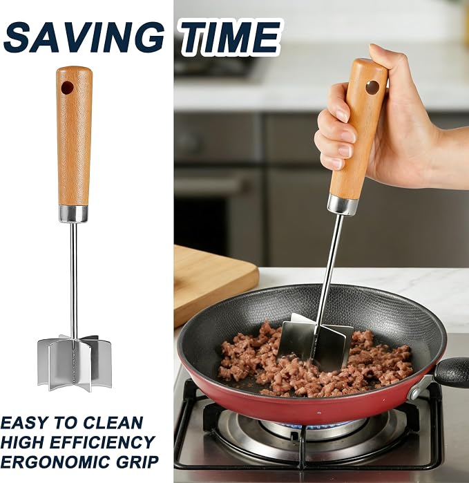Stainless steel Meat Chopper, 6 Curve Blades Ground Beef Smasher,Potato Masher Utensil,Heat-Resistant Hamburger Meat Smasher,Heavy Duty Wooden Handle