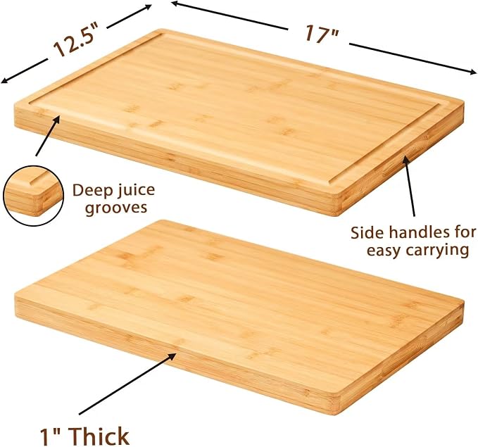 Allsum Large Bamboo Wood Cutting Boards for Kitchen, 1" Extra Thick Butcher Block with Juice Grooves & Handles Resisting to Warping and Cracking, Fancy Charcuterie Boards, 17"L x 12.5"W
