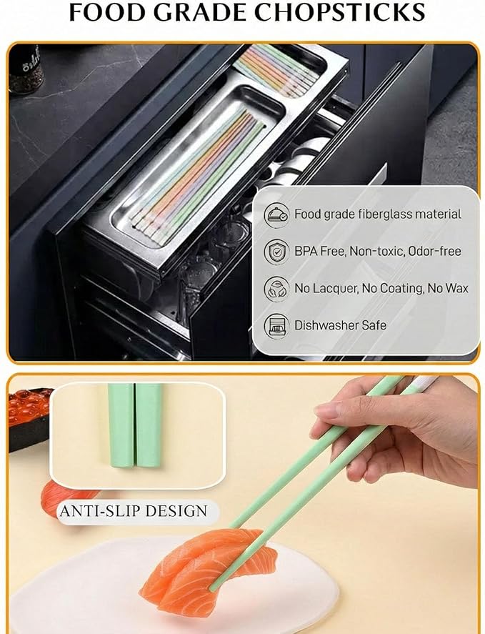 10 Pairs Reusable Training Chopsticks for Beginner, 9.45 Inch Fiberglass Chop sticks Helper, Japanese Chopsticks Dishwasher Safe, Non-Slip, Easy to Use