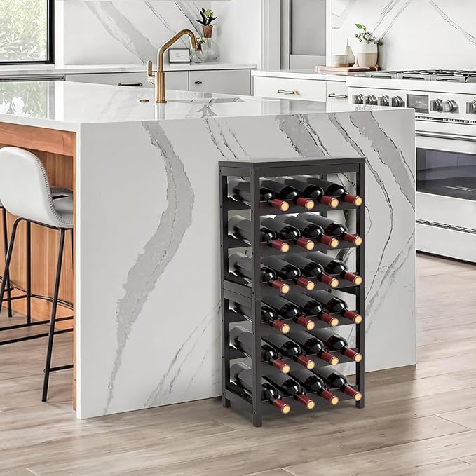 Wine Rack Free Standing Floor,6 Tier 24 Bottles Floor Wine Storage Shelves | Bamboo Wine Rack with Table Top,Wine Organizer Shelf for Kitchen Dining Room Bar,Easy-Assembly,Dark Brown