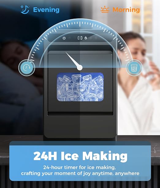 Clear Ice Cube Maker - 8 Crystal 1.2" Large Jelly Ice in 20Mins, 24H Timer, Full Bin &Water Shortage Alert, Self-Cleaning, with 10 Adjustable Ice Sizes for Home Whiskey, Cocktails, and Bourbon
