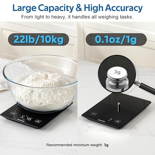 Waterproof Kitchen Food Scale, 1g/22lb, IP67, Rechargeable, Black | Premium Tempered Glass, Clear LED Display, with 6 Units, Tare, Ideal for Baking, Cooking, Making Sourdough Bread