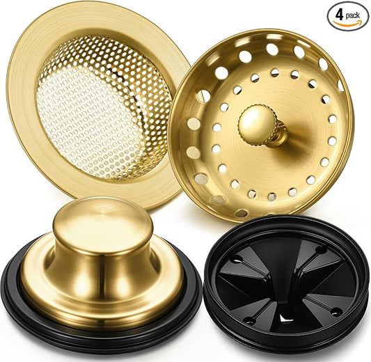 4 Pcs Brushed Gold Kitchen Sink Accessories Garbage Disposal Splash Guards 3.4'' Sink Drain Strainer and Stopper Stainless Steel Garbage Disposal Plug for Kitchen Drain Strainer