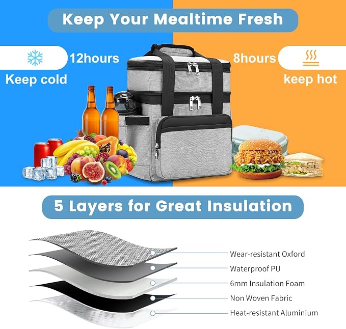 holuxer Insulated Lunch Bag & Lunch Box for Men - Double Deck Reusable Lunch Bag for Women Tote Cooler Bag Leakproof Soft Expandable - Large Lunchbox for Work/Adult/Picnic/Outdoor (Gray，15L)