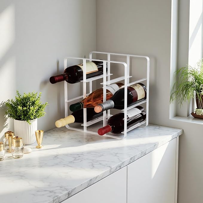 Buruis 9-Bottle Wine Rack, Modern Metal Countertop Wine Holder Stand for Kitchen, Pantry & Cabinet Storage, No Assembly Required, White