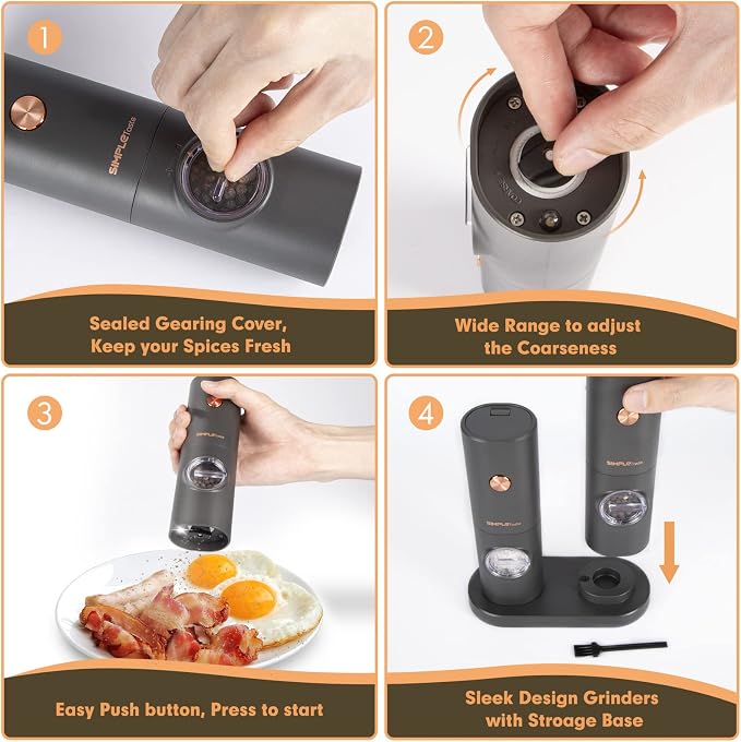 SIMPLETASTE Electric Salt and Pepper Grinder Set with LED Light, Automatic Pepper Mill Shakers with Adjustable Coarseness, One Hand Operation for Kitchen, Dining, Gifting, Space Gray, Battery Operated