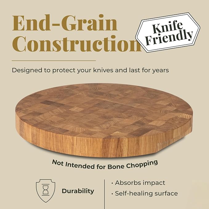 End Grain 12" Round European Oak Wood Cutting Board, Butcher Block, Wooden Chopping Board with Non-Slip Feet & Handles, Charcuterie Board, Knife-Friendly, Serving Cutting Board for Kitchen