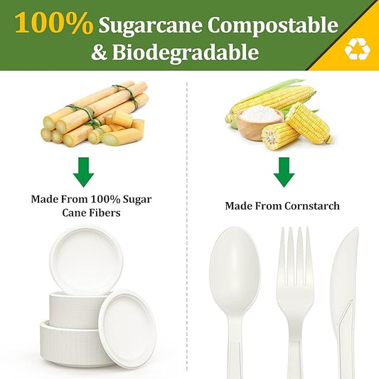 250PCS Disposable Paper Plates Set and Utensils, Compostable Dinnerware 9 and 7inch Plates, Biodegradable Paper Plates, Forks, Knives and Spoons for Party 50 People