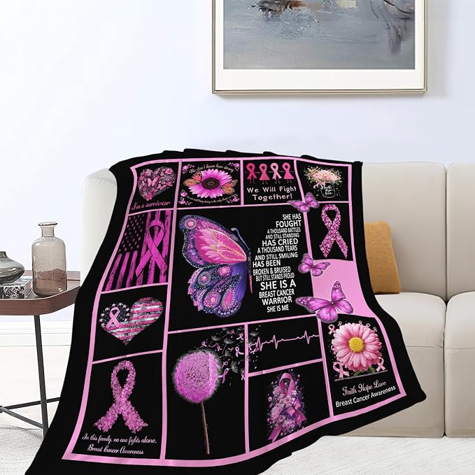 Breast Cancer Awareness Blanket Chemo Pink Ribbon Flannel Plush Throw Blanket Cozy Inspirational Warrior Decor Fleece Stuff Blanket Gifts for Lover Girls Boys Kids Adults Women Bed Travel 60"x80"
