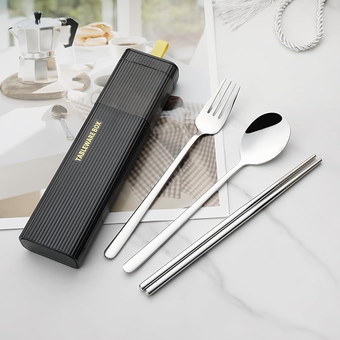 DEVICO Travel Utensils with Case, 4Pcs Korean Chopsticks Fork and Spoon Set | 18/8 Stainless Steel Portable Cutlery Set, Reusable Silverware for Lunch Box/Camping/Work/School, Dishwasher Safe, Black