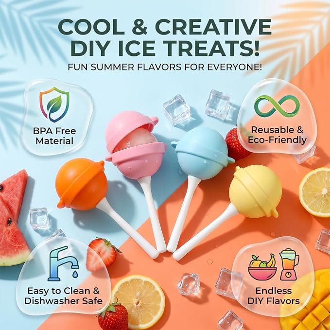 4PCS Reusable Silicone Lollipop Ice Cream Mold, Homemade Popsicle Molds, DIY Creative Ice Pops for Summer, Silicone Popsicle Maker for Juice, Yogurt & Frozen Treats, Fun Dessert Mold (Yellow)