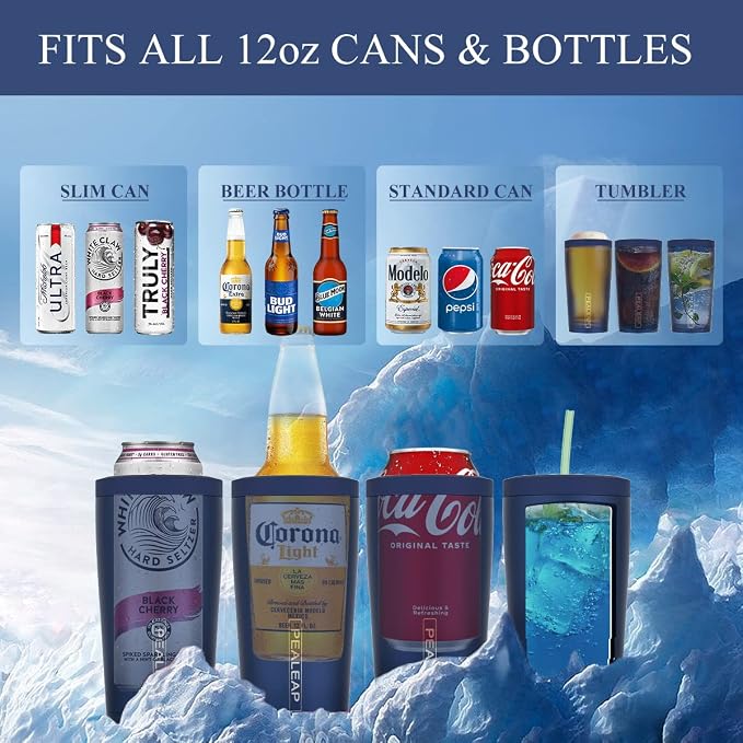 Pealeap 4-in-1 Insulated Slim Can Cooler for All 12oz Cans & Beer Bottles | Double-walled Stainless Steel Vacuum Can Cozy | Keep 8Hrs Cold | Universal Fits 12oz Drinks | No Sweat | Cup Holder Friendly
