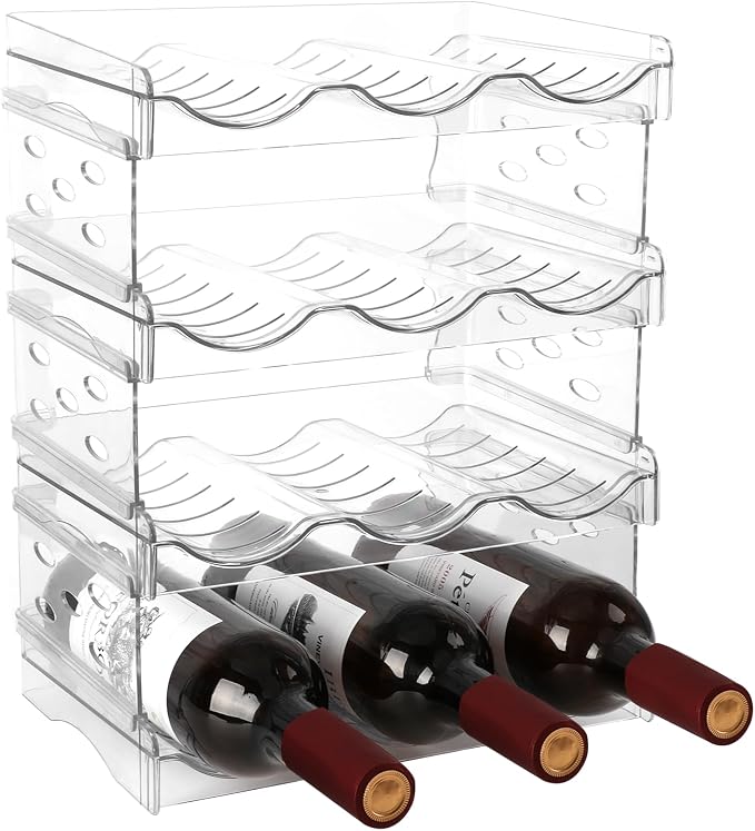 EZ COZY Wine Rack, 4 Tier Water Bottle Organizer for Cabinet (12 Bottles) | Clear Freestanding Wine Bottle Holder for Cabinet, Fridge, Pantry, Wine Rack for Inside Cabinet, Refrigerator, Countertop