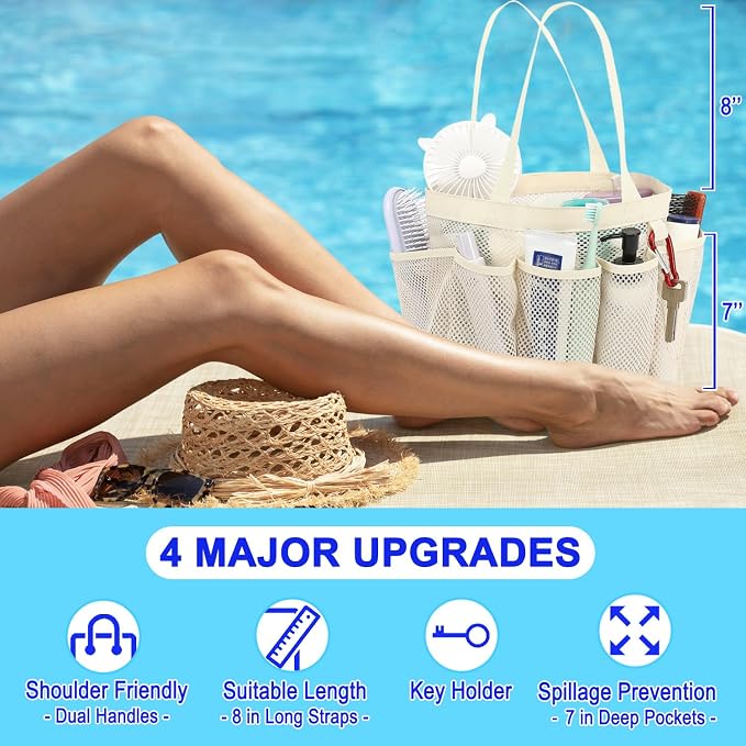 Fammart Mesh Shower Caddy Portable for College Dorm Room Essentials, Odorless Polyester Large Shower Tote Bag with Dual Handles, 8-Pocket Quick-Dry Toiletry Organizer for Travel, Beach, Camping, Gym